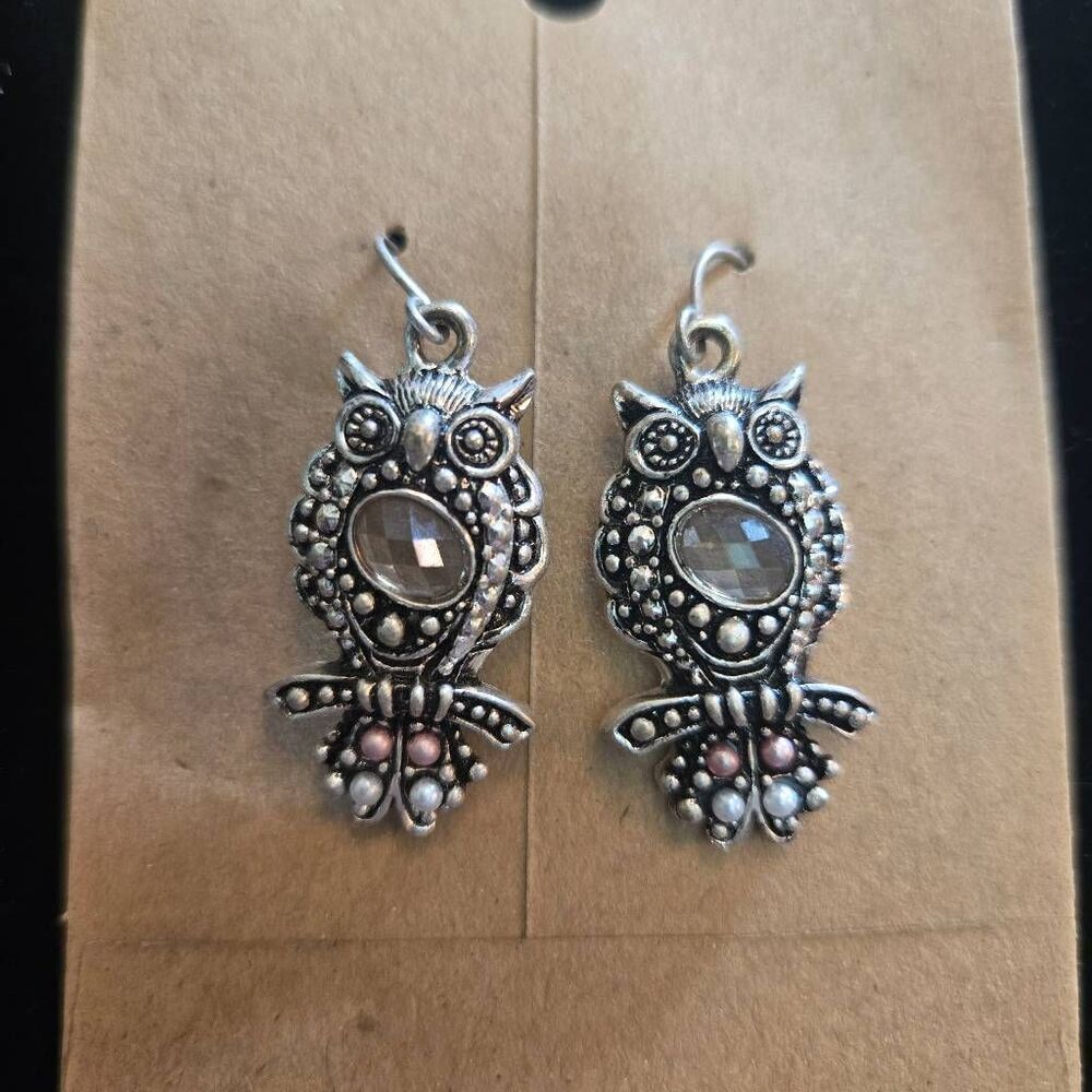 Owl Earrings Drop Silver Dangle Rhinestone Pearls - Picture 5 of 5